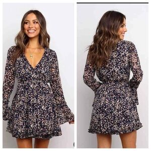 Cupshe Women’s Floral Wrap Mini Dress Size Small Navy Pink Long Sleeve Boho Chic